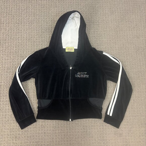 Vintage Juicy Couture Tracksuit Jacket Large Black Velour Cropped Y2K Rhinestone - Picture 2 of 11